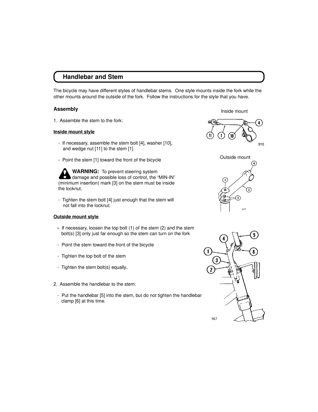 Huffy 1C4880-A01 manual Handlebar and Stem, Assembly, Inside mount style, Outside mount style 