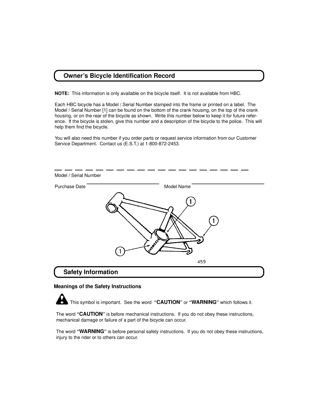 Huffy 1C4880-A01 manual Owner’s Bicycle Identification Record, Safety Information, Meanings of the Safety Instructions 