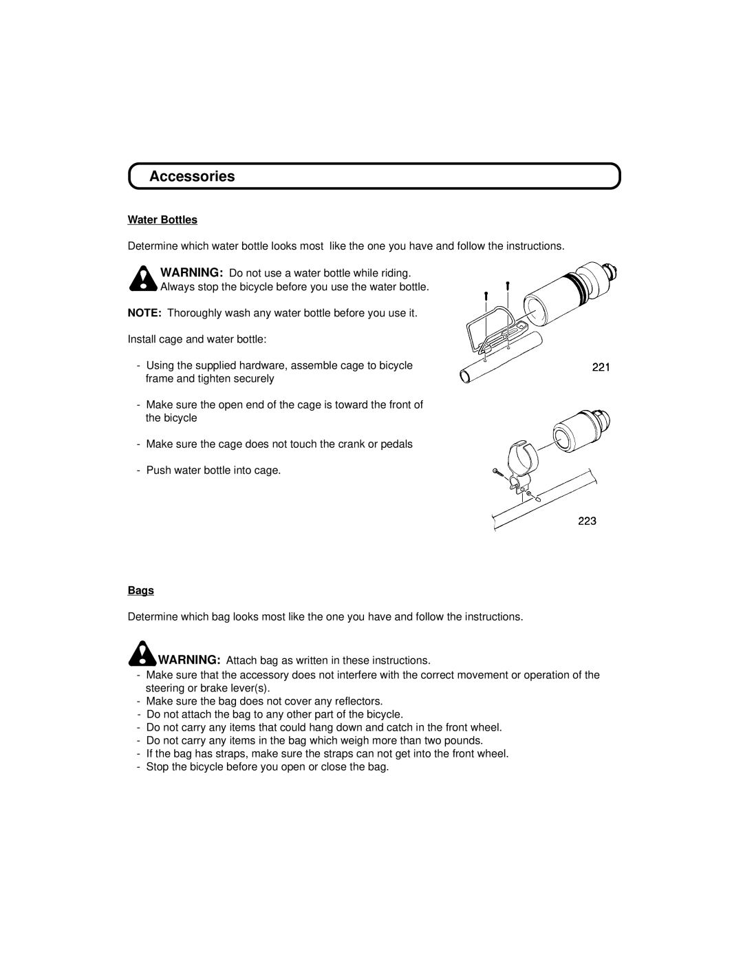 Huffy 1C4880-A01 manual Accessories, Water Bottles, Bags 