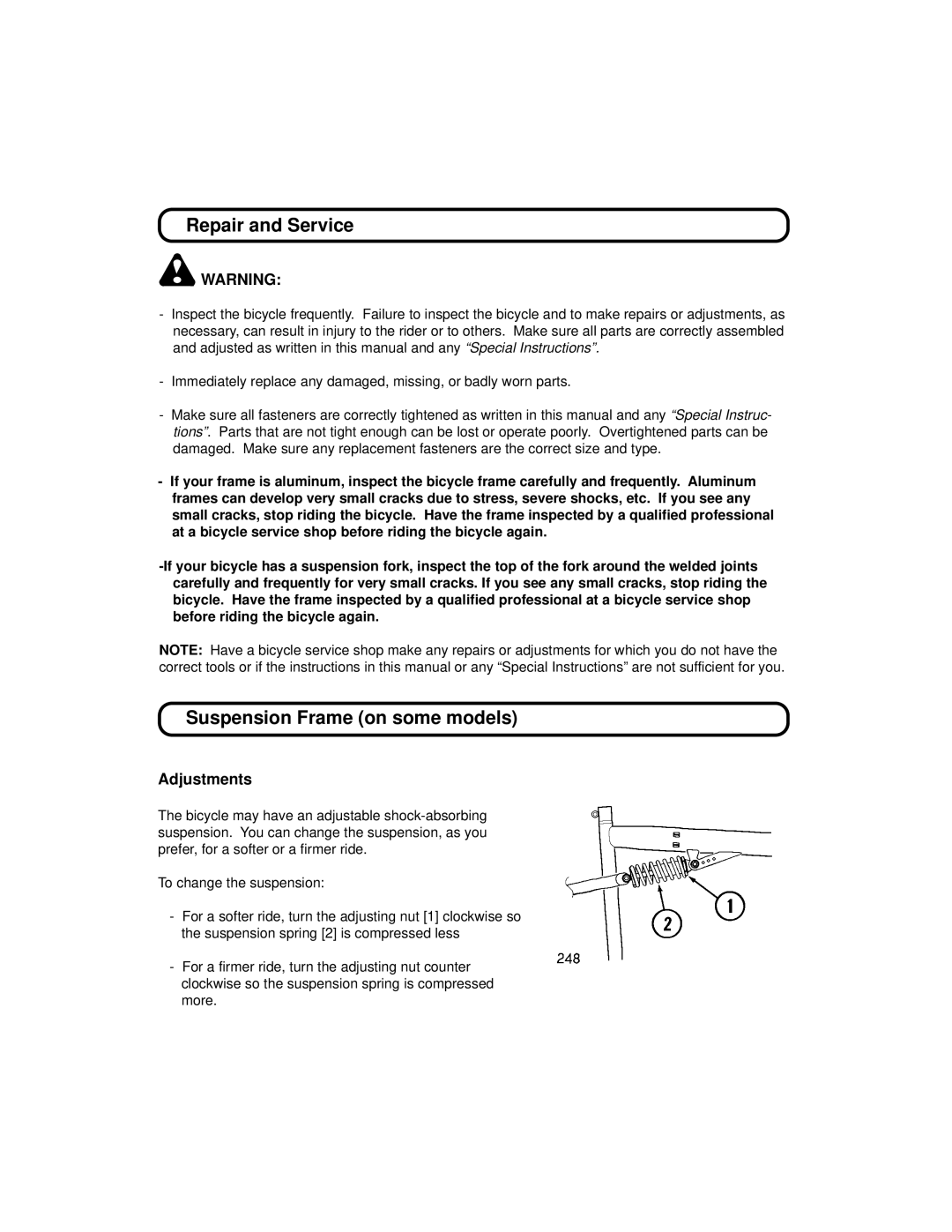 Huffy 1C4880-A01 manual Repair and Service, Suspension Frame on some models, Adjustments 