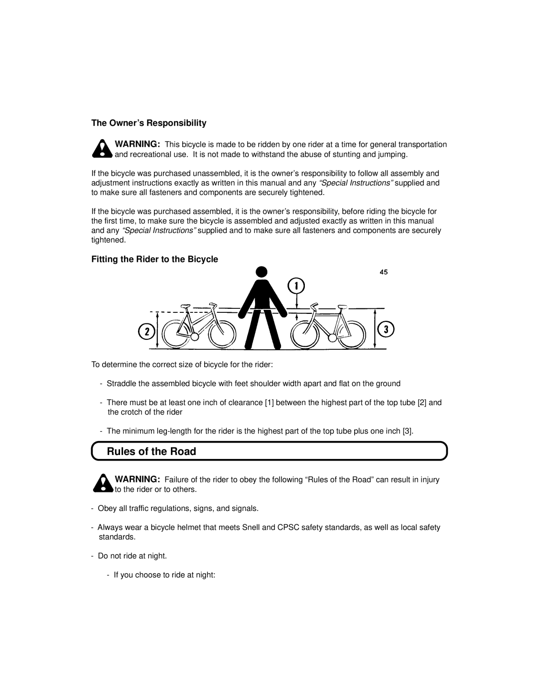 Huffy 1C4880-A01 manual Rules of the Road, Owner’s Responsibility, Fitting the Rider to the Bicycle 