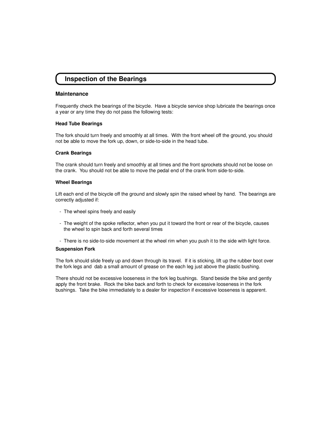 Huffy 1C4880-A01 manual Inspection of the Bearings, Head Tube Bearings, Crank Bearings, Wheel Bearings, Suspension Fork 