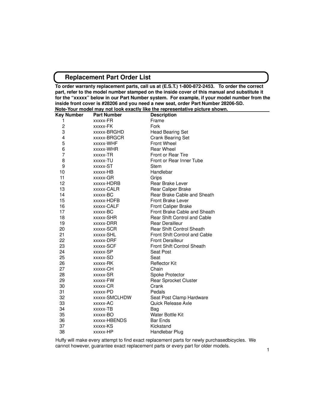 Huffy 1C4880-A01 manual Replacement Part Order List 