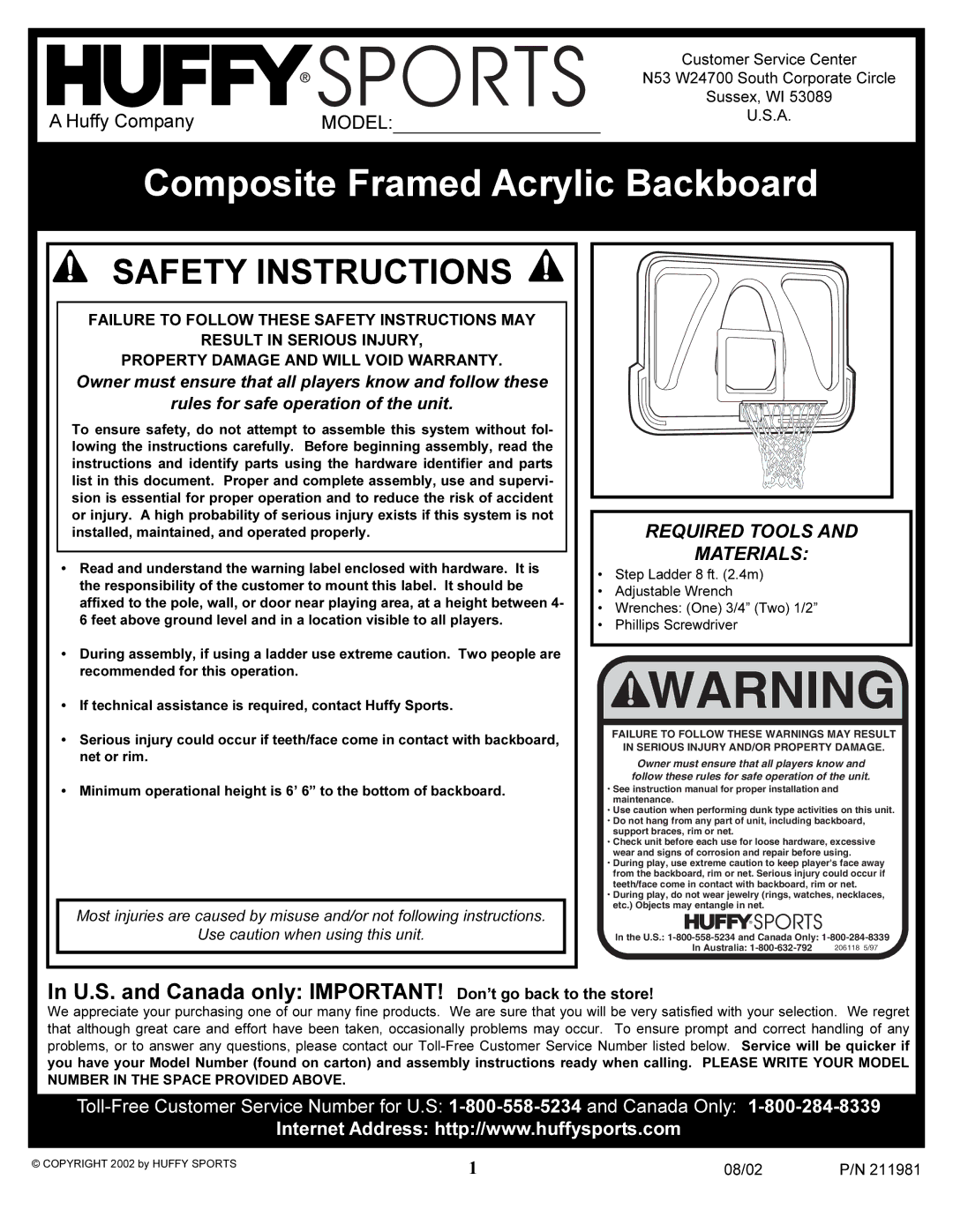 Huffy 2002 manual Composite Framed Acrylic Backboard 