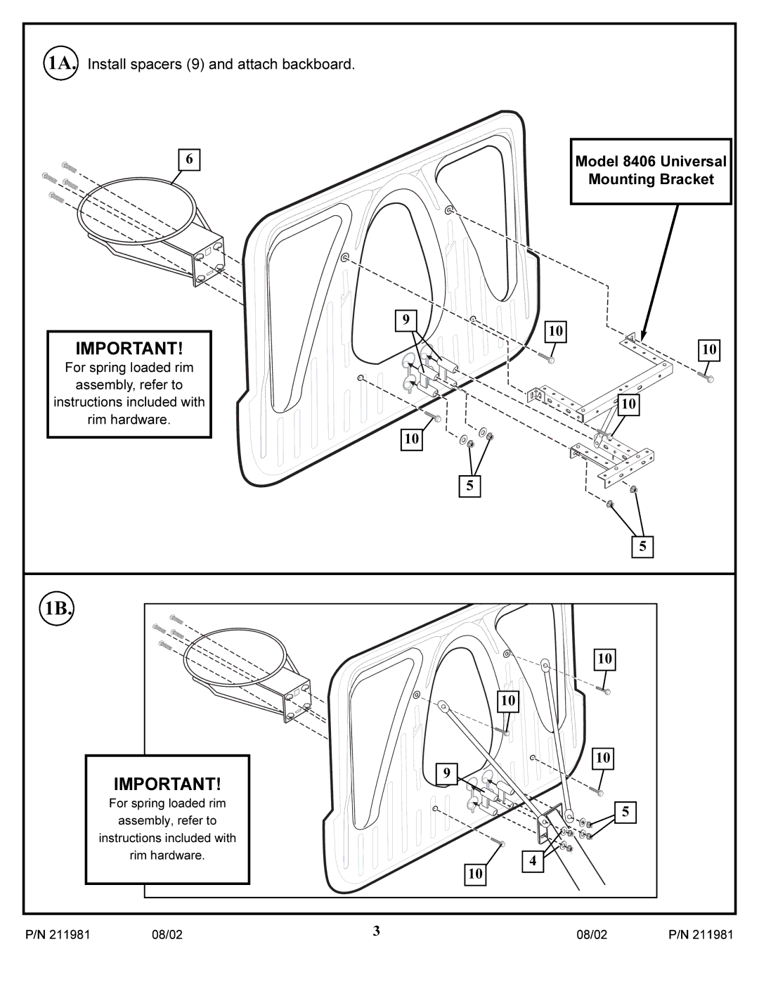 Huffy 2002 manual 1A. Install spacers 9 and attach backboard 