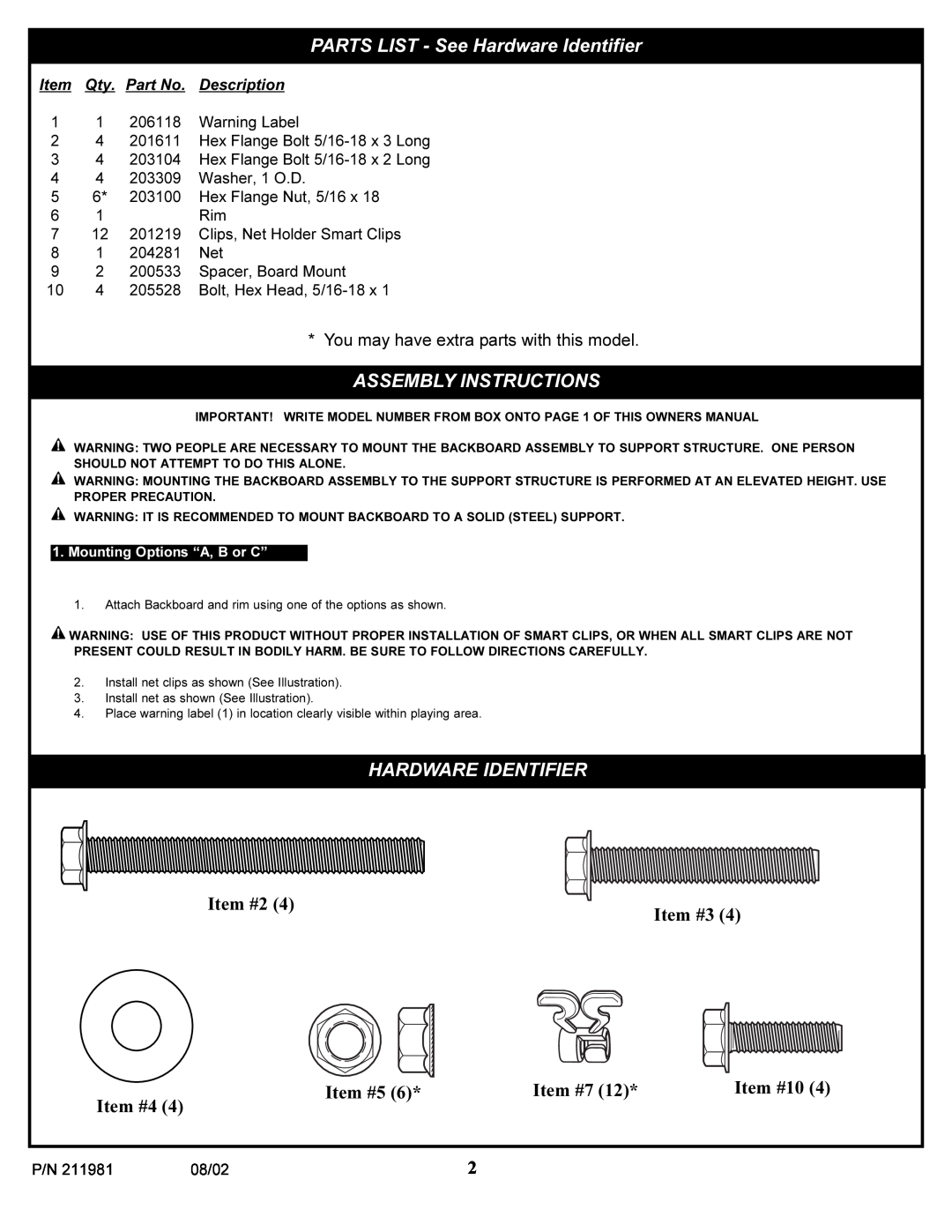 Huffy 2002 manual PARTS LIST - See Hardware Identifier, Assembly Instructions, Item #2, Item #3, Item #4, Item #5, Item #7 
