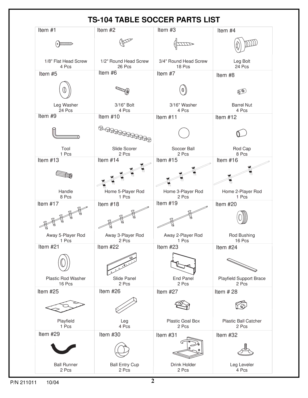 Huffy 211011 manual TS-104 Table Soccer Parts List 