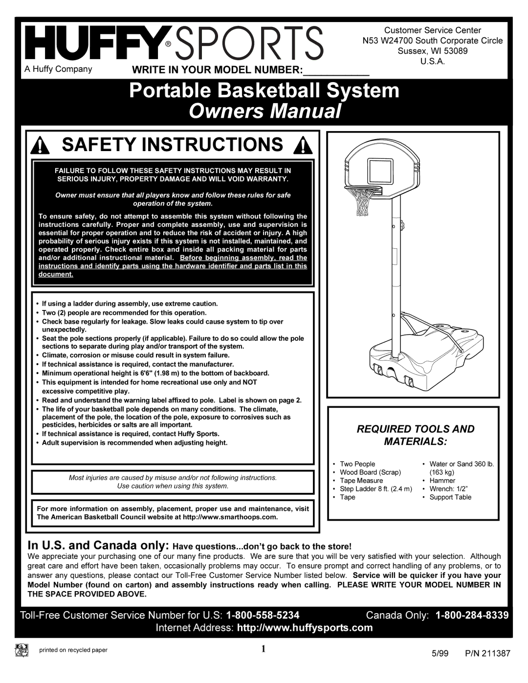 Huffy 211387 manual Portable Basketball System 