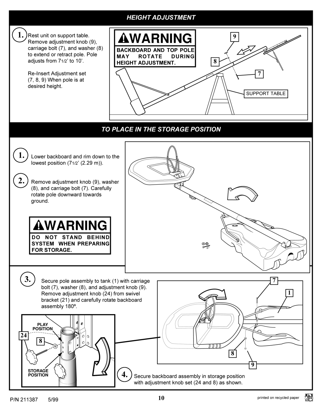 Huffy 211387 manual Backboard and TOP Pole MAY Rotate During Height Adjustment 