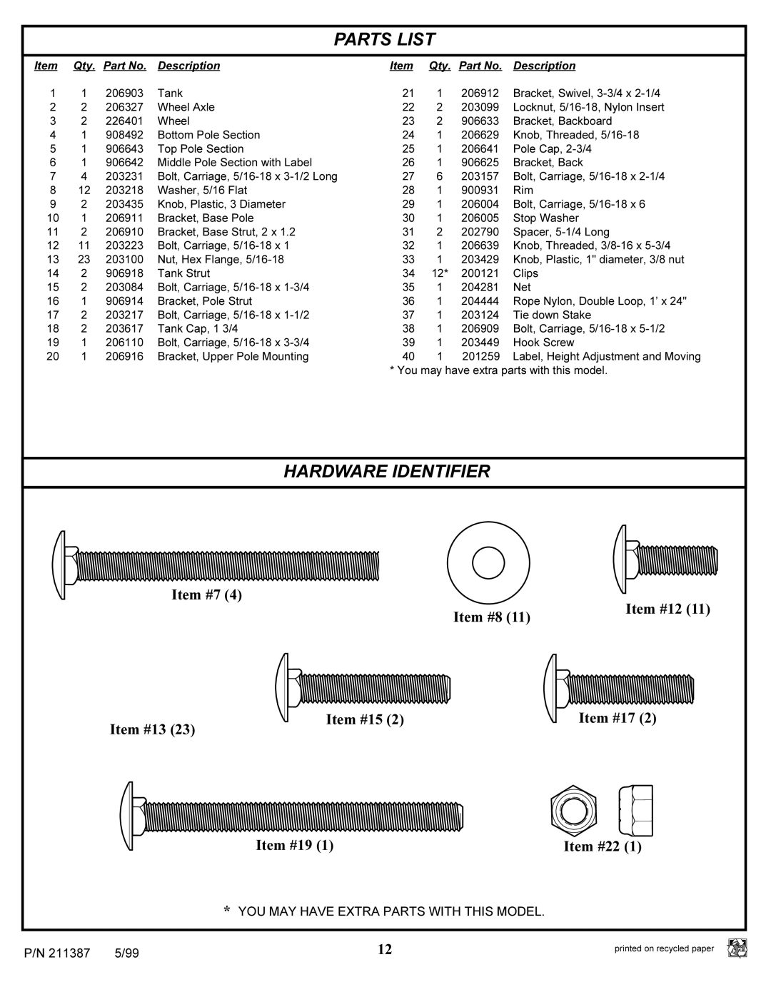 Huffy 211387 manual Parts List, YOU MAY have Extra Parts with this Model 