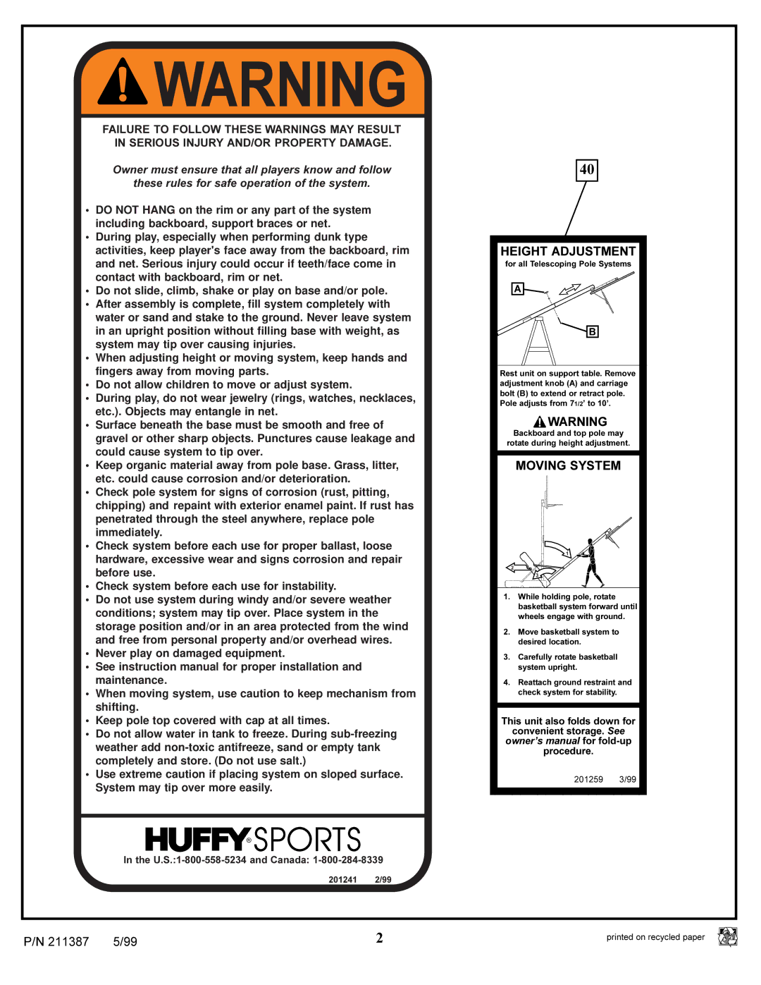 Huffy 211387 manual Height Adjustment, Moving System 