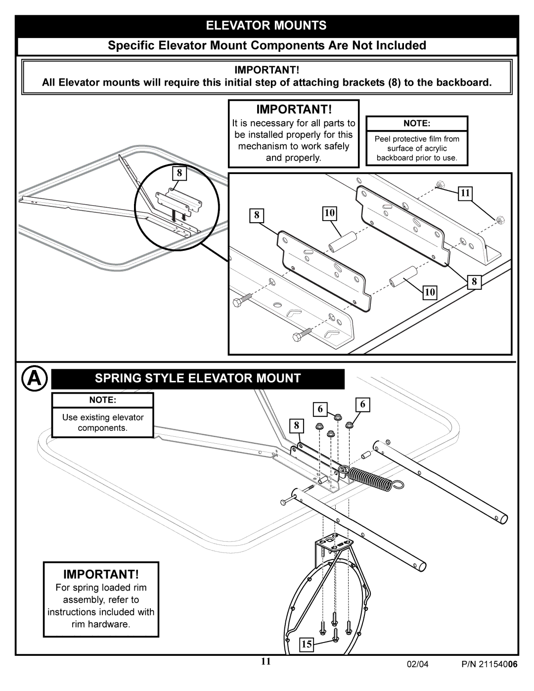 Huffy 21154006 manual Elevator Mounts, Specific Elevator Mount Components Are Not Included, Spring Style Elevator Mount 