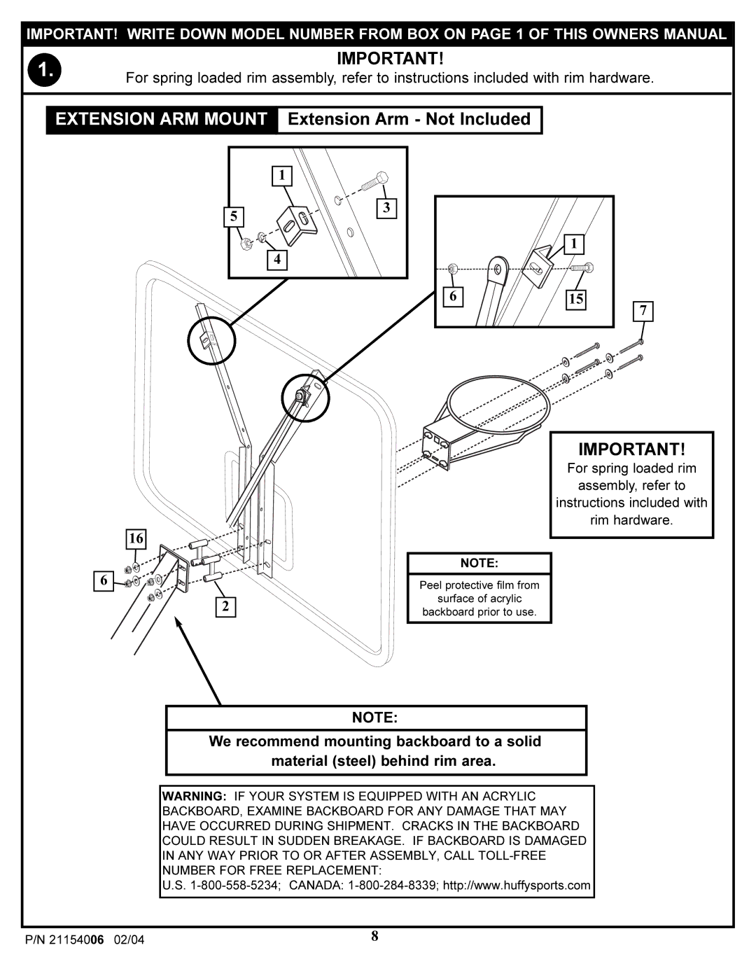 Huffy 21154006 manual Extension ARM Mount, Extension Arm Not Included 