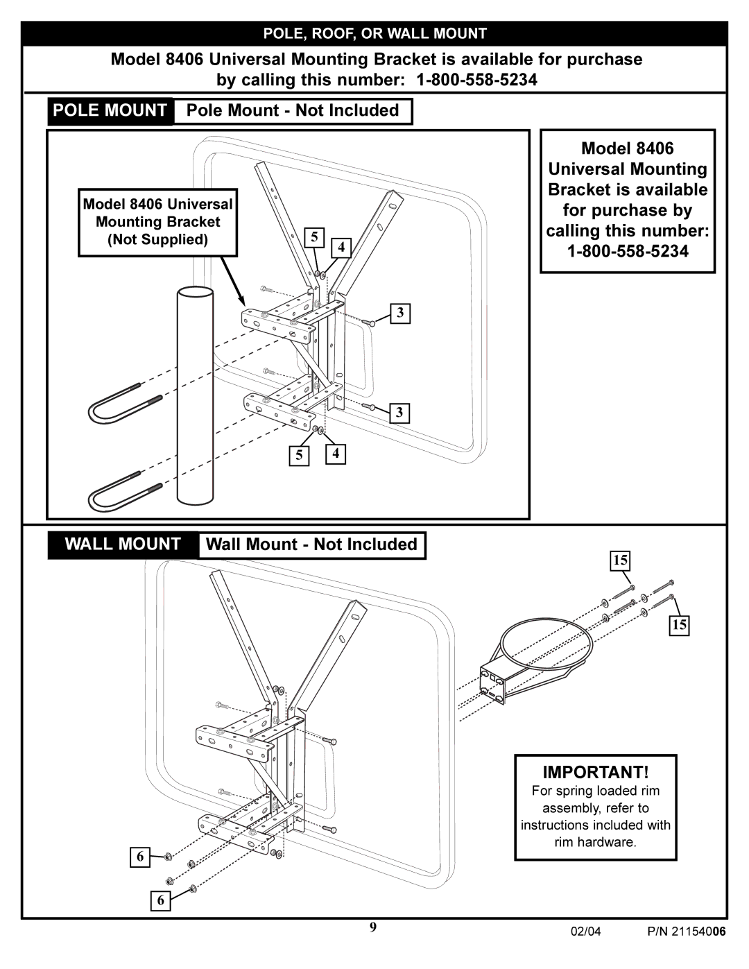 Huffy 21154006 manual Pole Mount, Wall Mount 