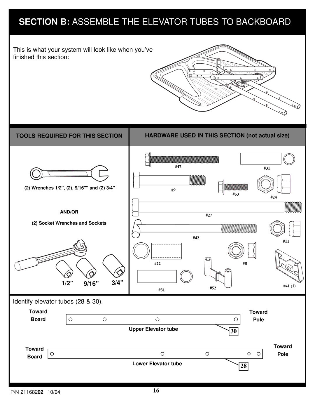 Huffy 21168202 manual Section B Assemble the Elevator Tubes to Backboard 