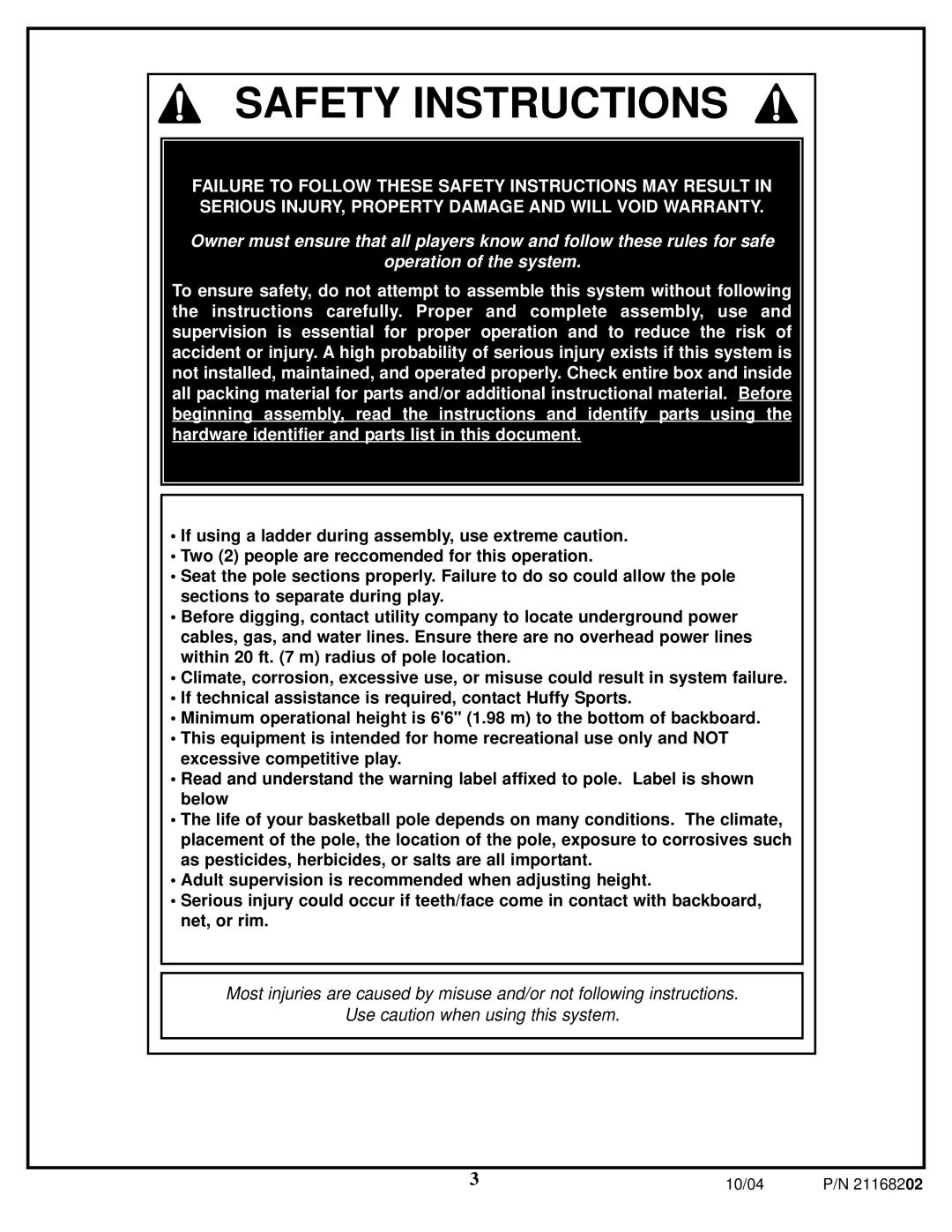 Huffy 21168202 manual Safety Instructions 