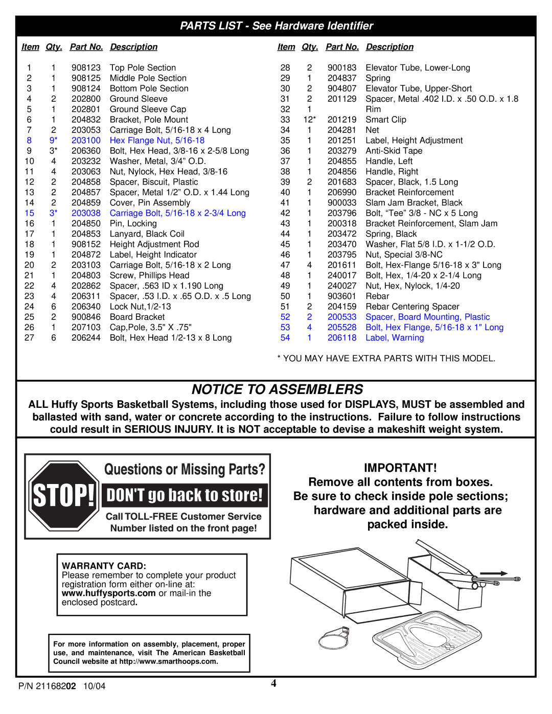 Huffy 21168202 manual Parts List See Hardware Identifier 