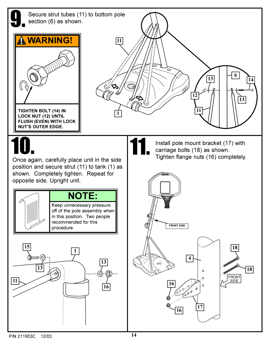 Huffy 211953C manual Secure strut tubes 11 to bottom pole as shown 