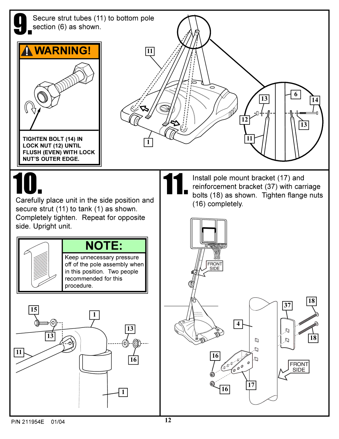 Huffy 211954E manual Secure strut tubes 11 to bottom pole as shown 