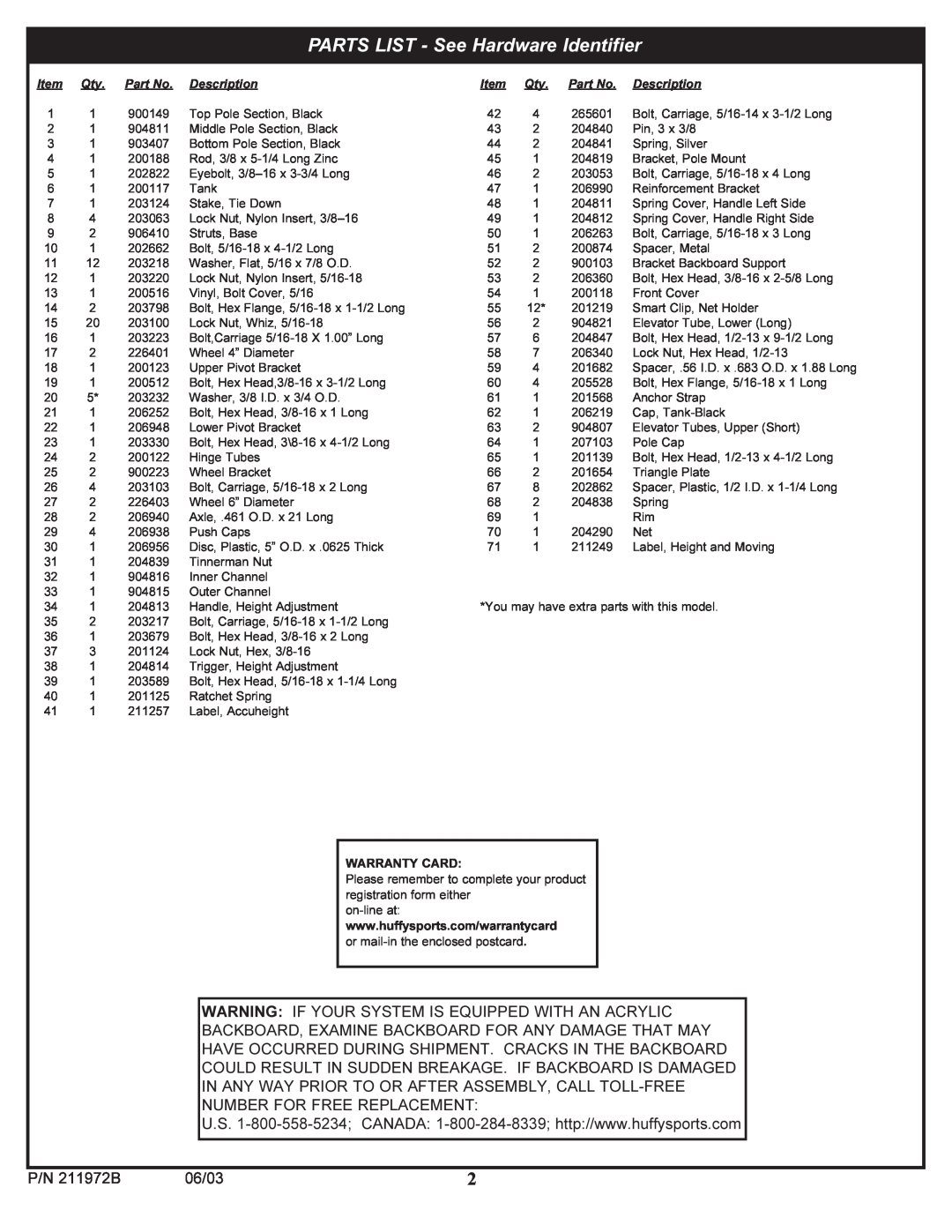 Huffy PARTS LIST - See Hardware Identifier, Warning If Your System Is Equipped With An Acrylic, P/N 211972B, 06/03 