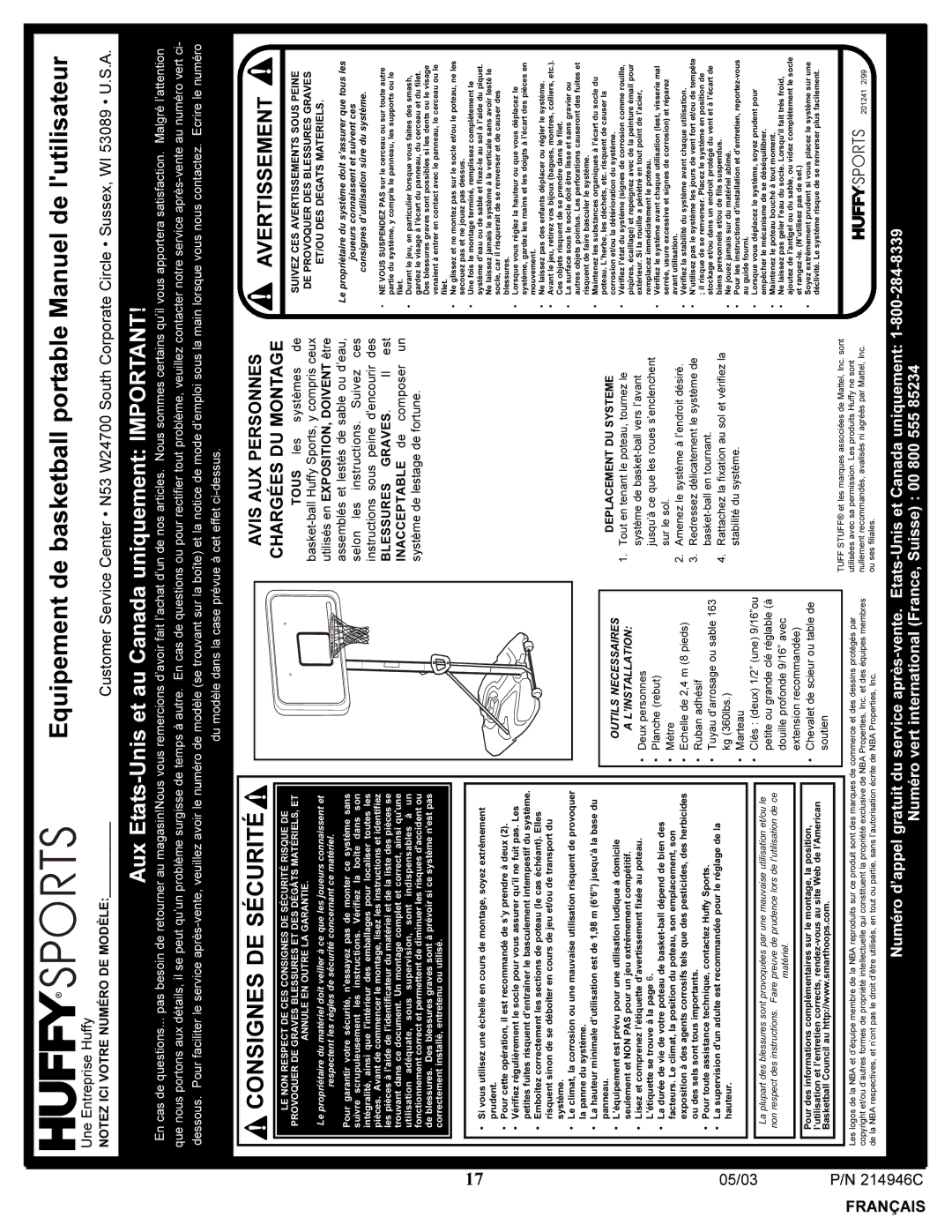 Huffy 214946C manual Equipement de basketball portable Manuel de lutilisateur 