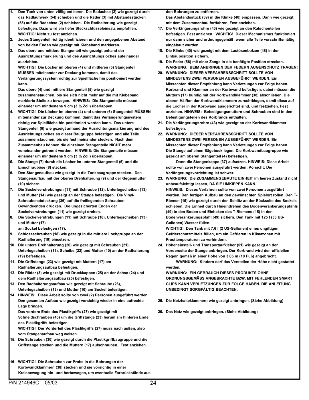 Huffy 214946C manual Warnung Beim Anbringen DER Federn Augenschutz Tragen 