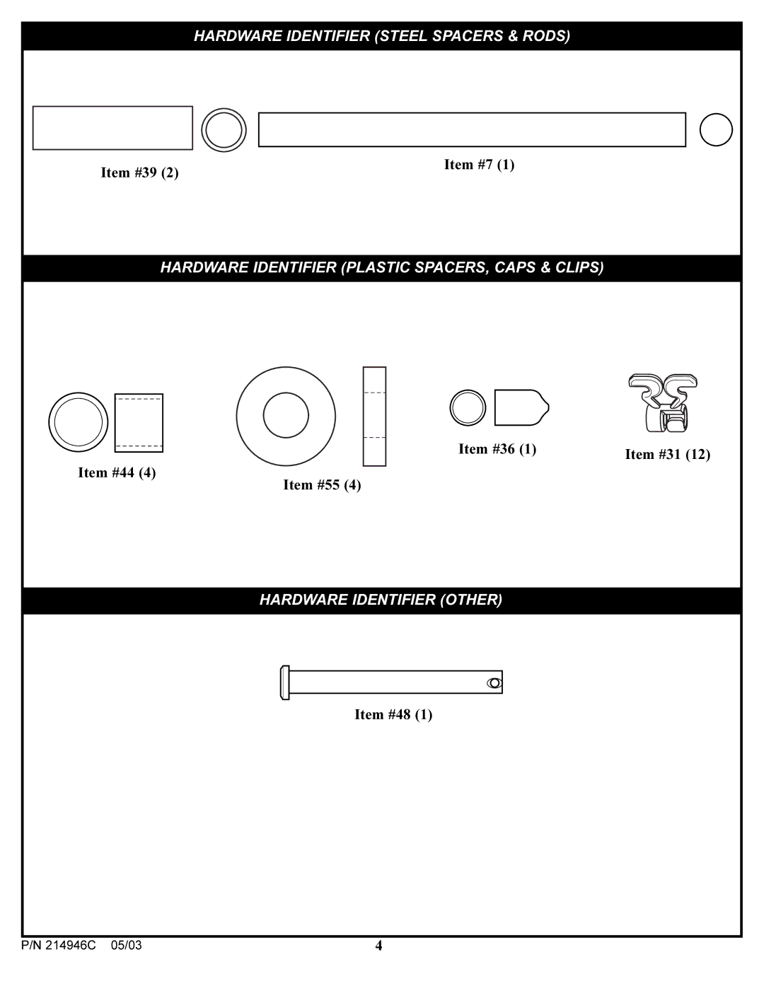 Huffy 214946C manual Hardware Identifier Steel Spacers & Rods 