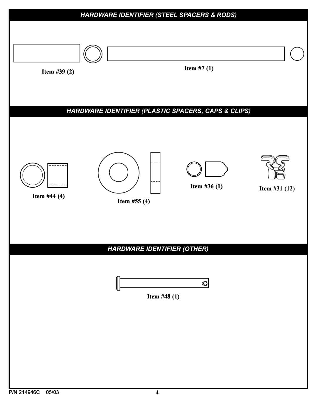 Huffy Hardware Identifier Steel Spacers & Rods, Hardware Identifier Plastic Spacers, Caps & Clips, P/N 214946C, 05/03 