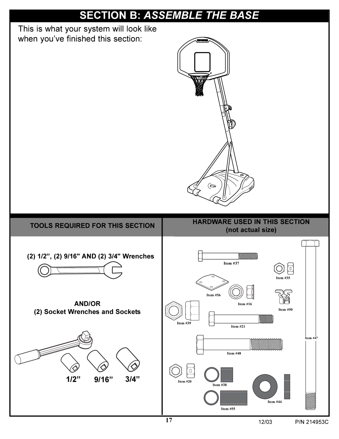 Huffy 214953C manual Section B Assemble the Base 