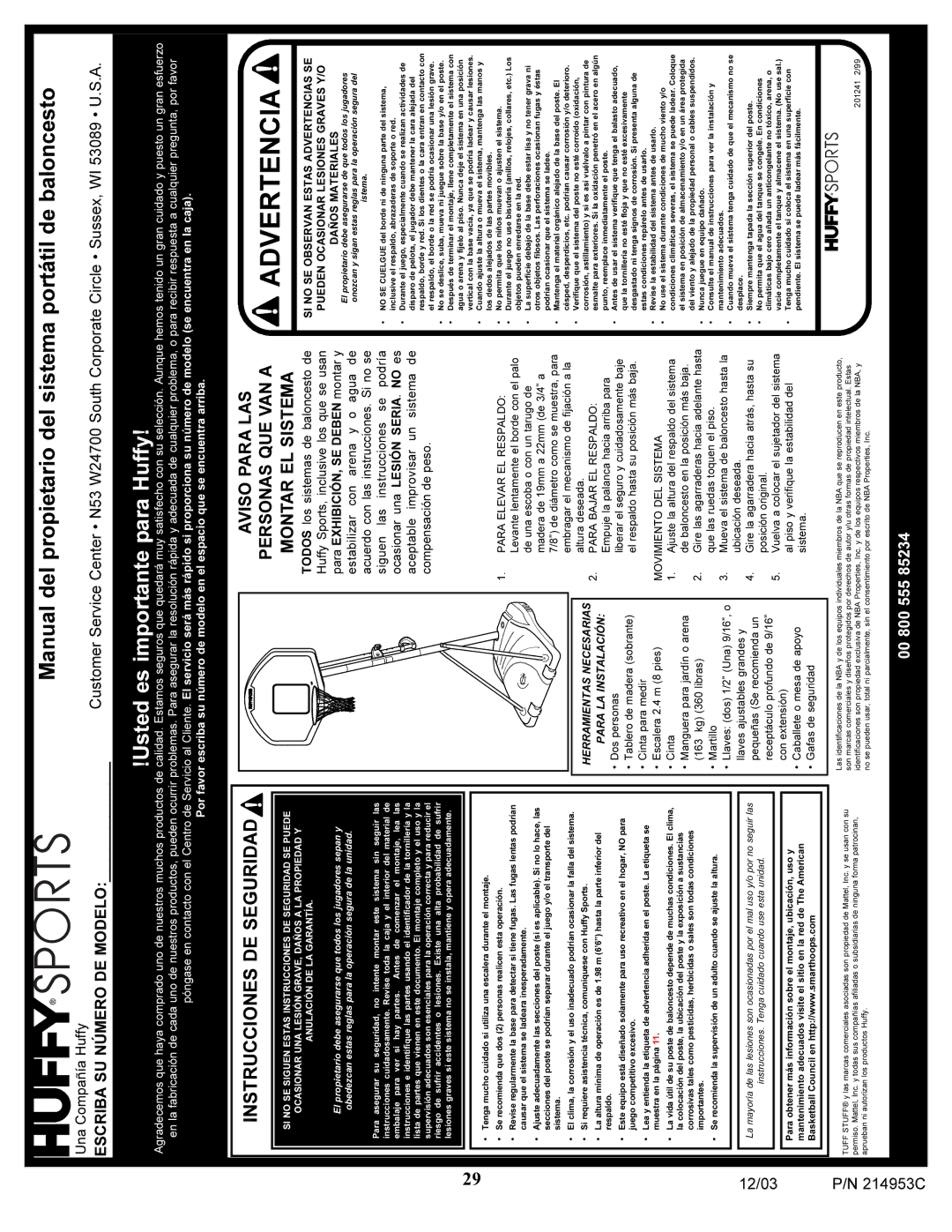 Huffy 214953C manual Advertencia 