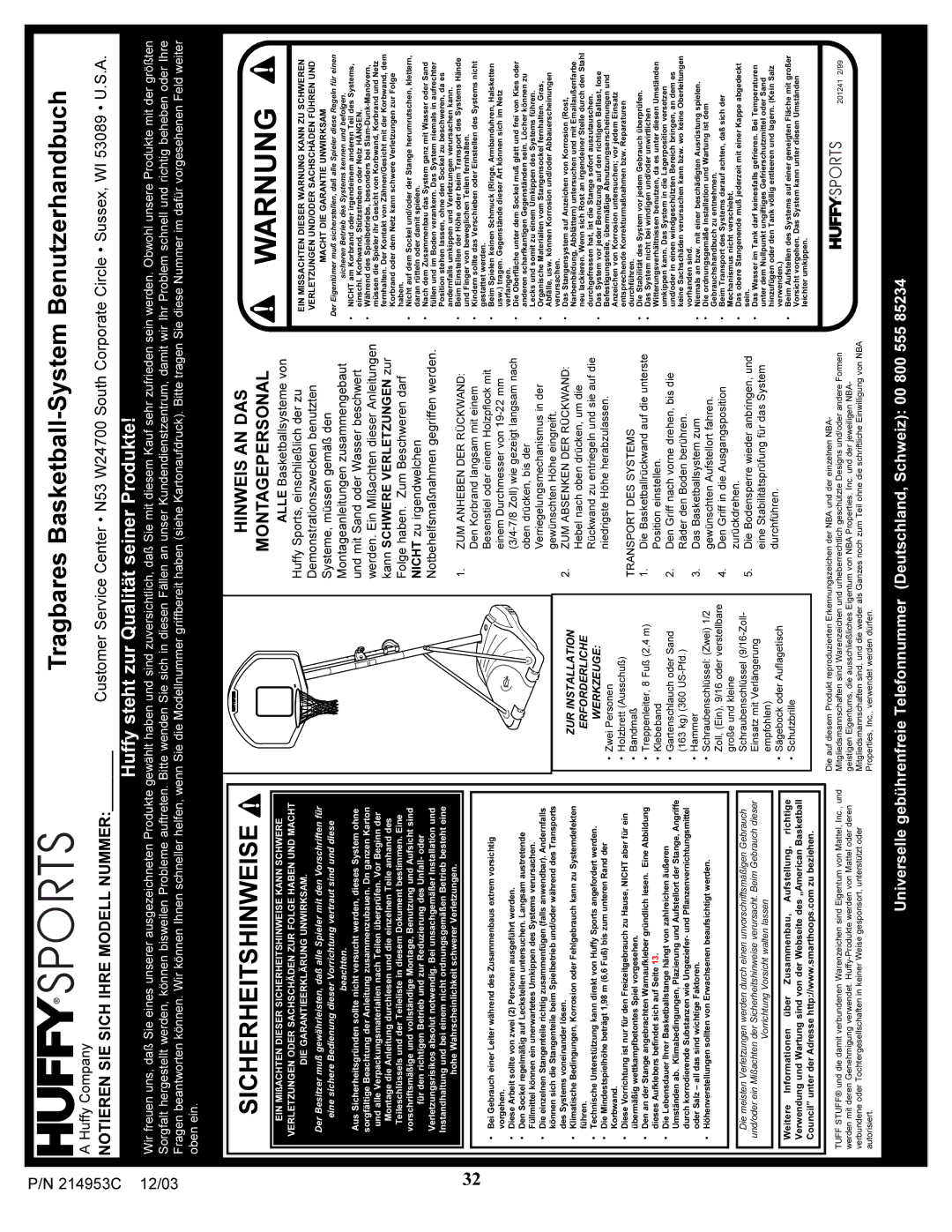 Huffy 214953C manual Warnung 