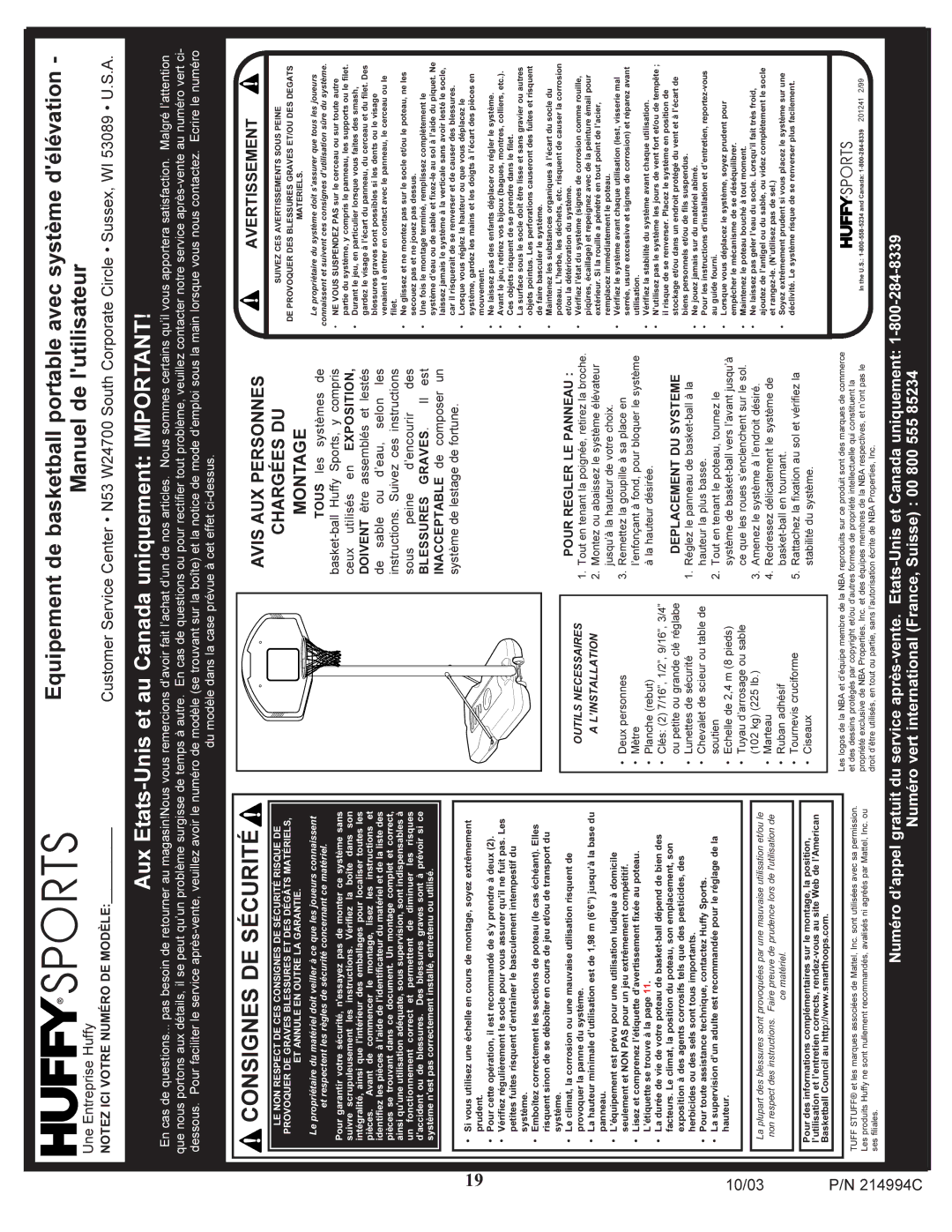 Huffy 214994C manual Pour Regler LE Panneau, Deplacement DU Systeme, ICI Votre Numéro Modèle 