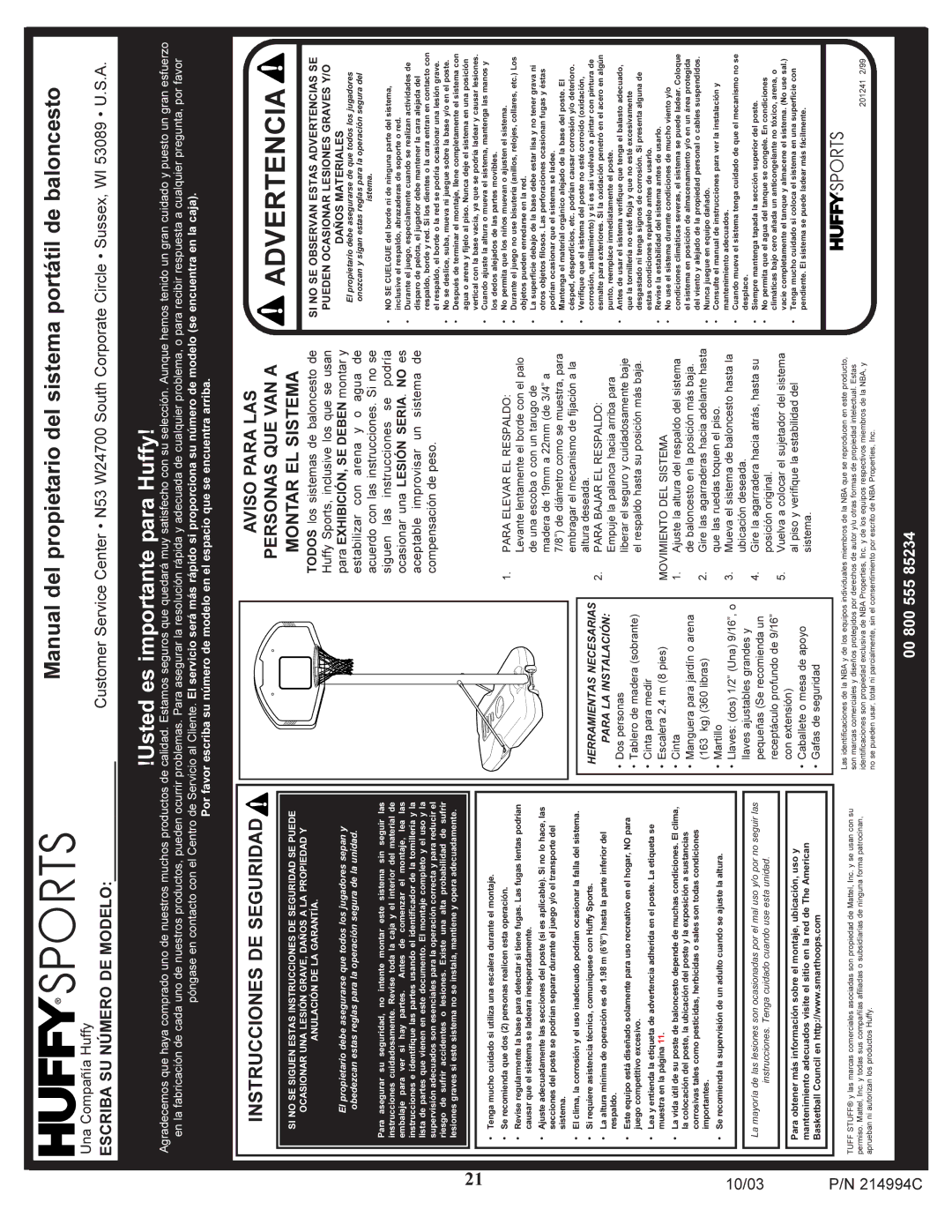 Huffy 214994C manual Advertencia 