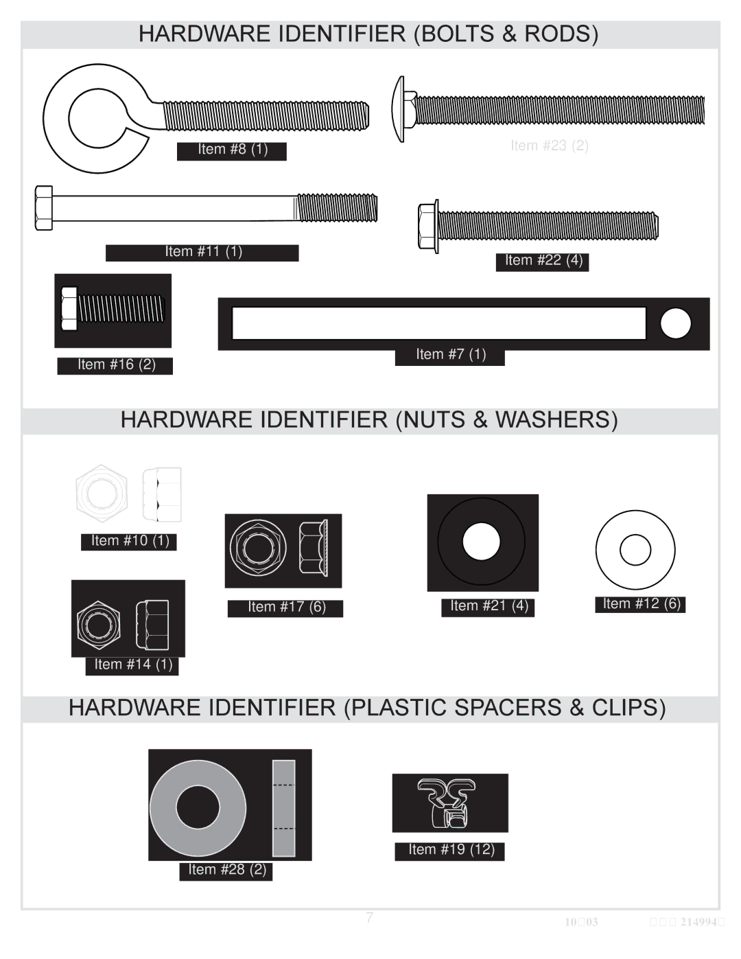 Huffy 214994C manual Hardware Identifier Bolts & Rods 