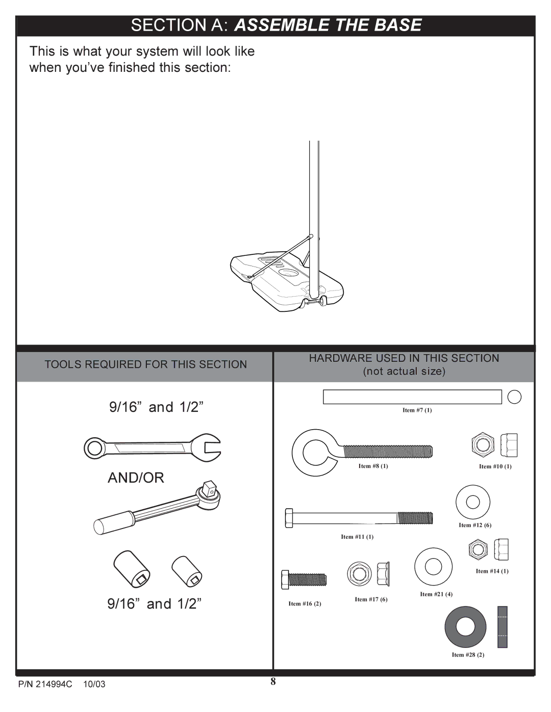 Huffy 214994C manual Section a Assemble the Base 