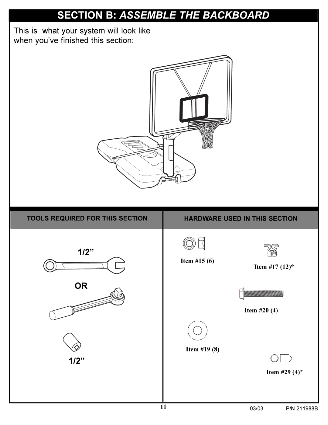 Huffy 4.24C manual Section B Assemble the Backboard 