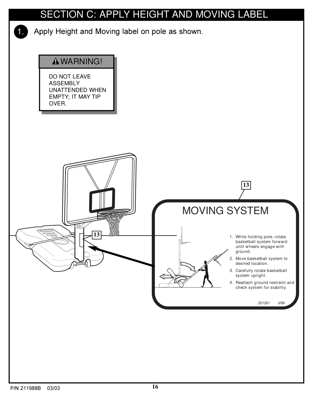 Huffy 4.24C manual Moving System, Section C Apply Height and Moving Label 