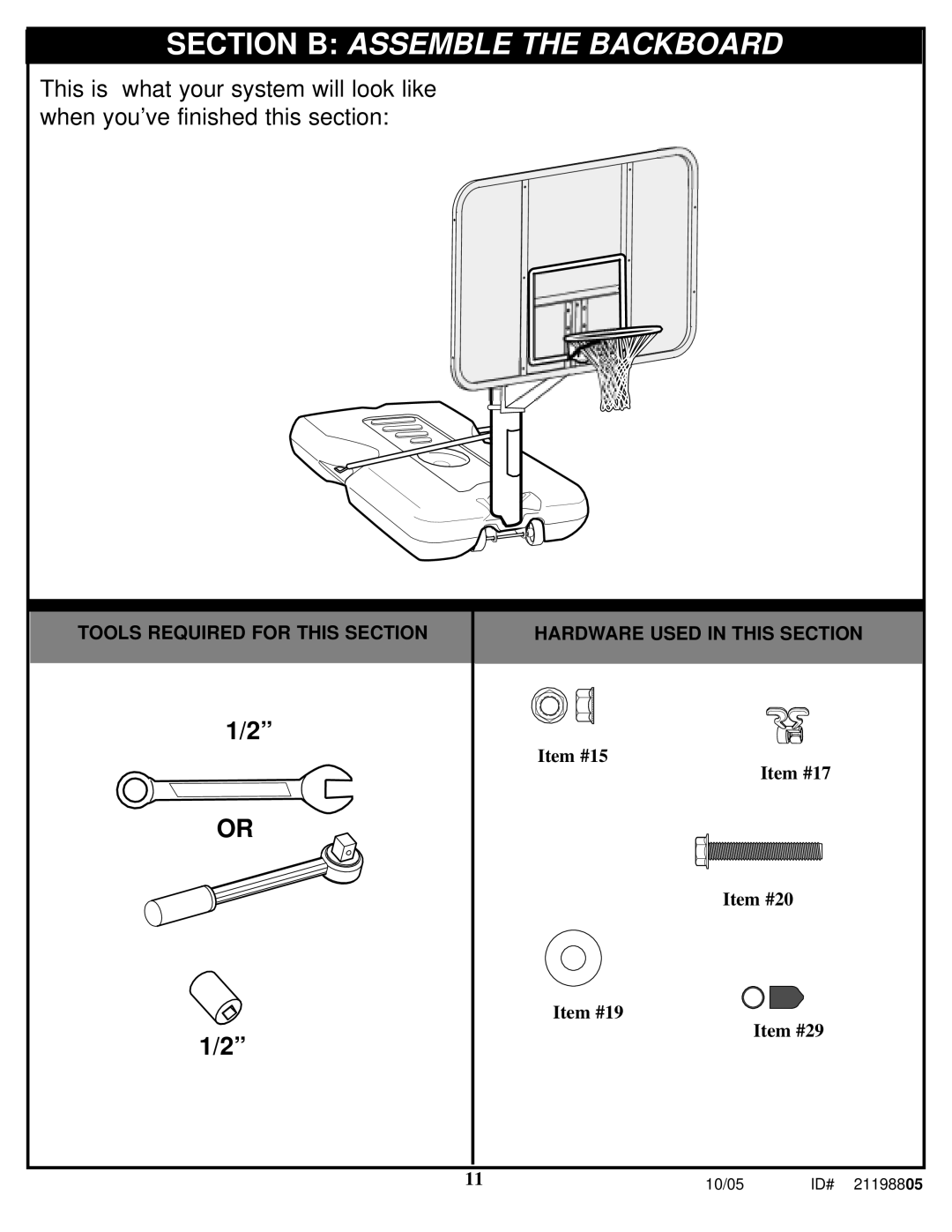 Huffy 540D manual Section B Assemble the Backboard 