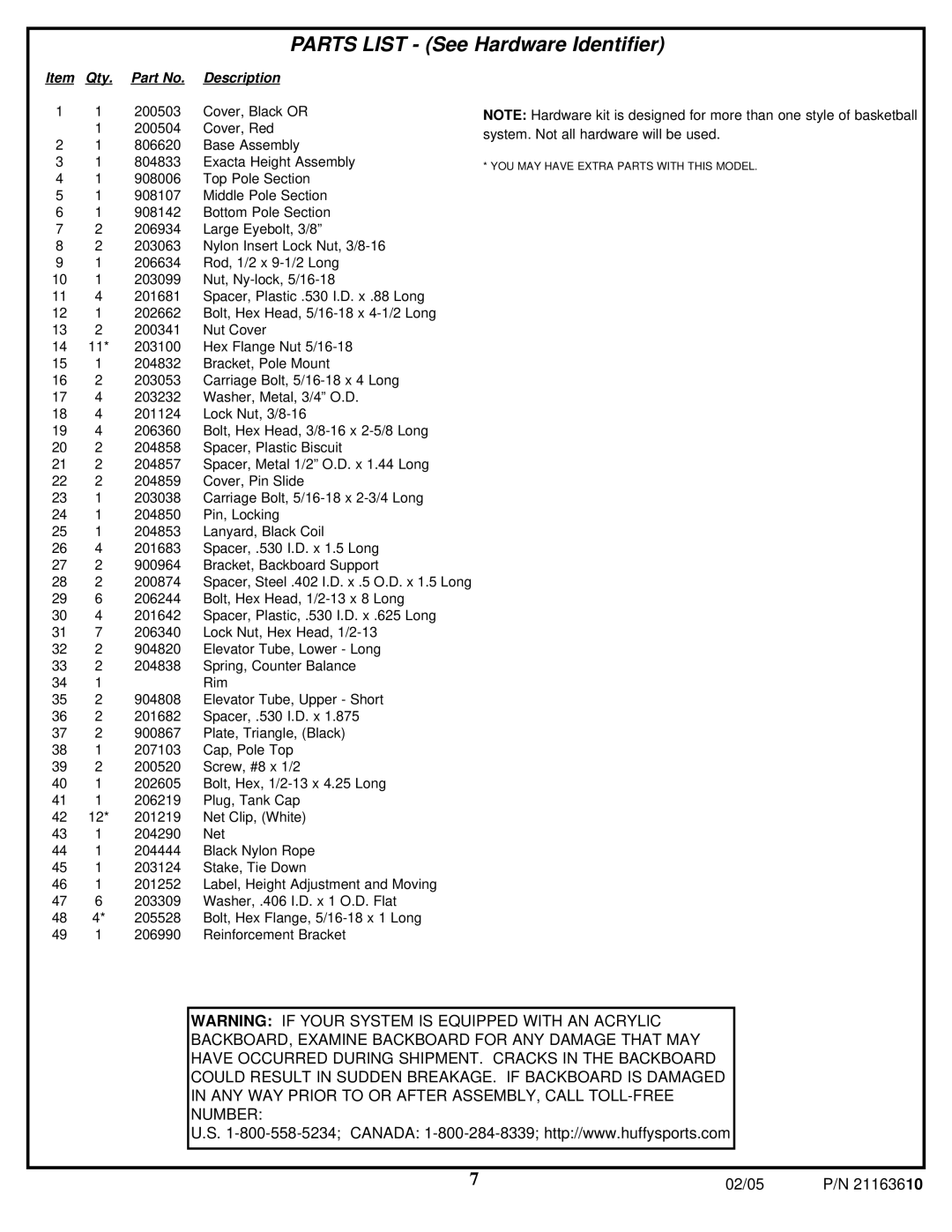 Huffy 600 manual Parts List See Hardware Identifier 