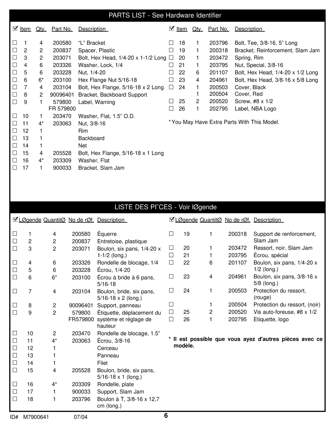 Huffy 7000MXP manual Parts List See Hardware Identifier 