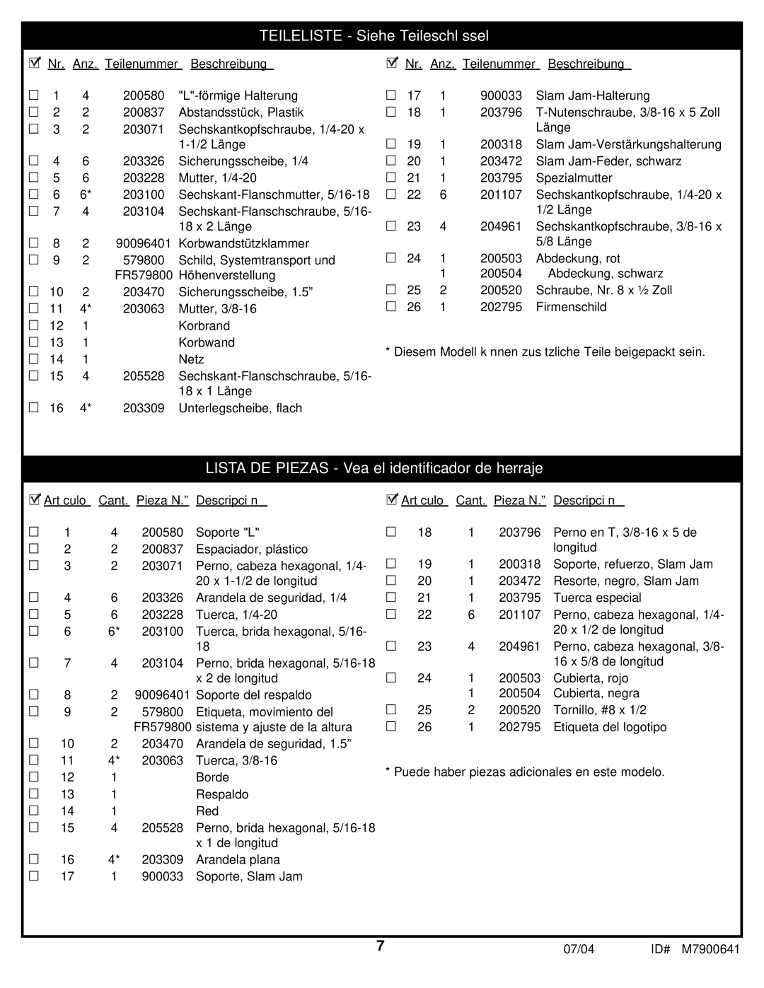 Huffy 7000MXP manual Teileliste Siehe Teileschlüssel 