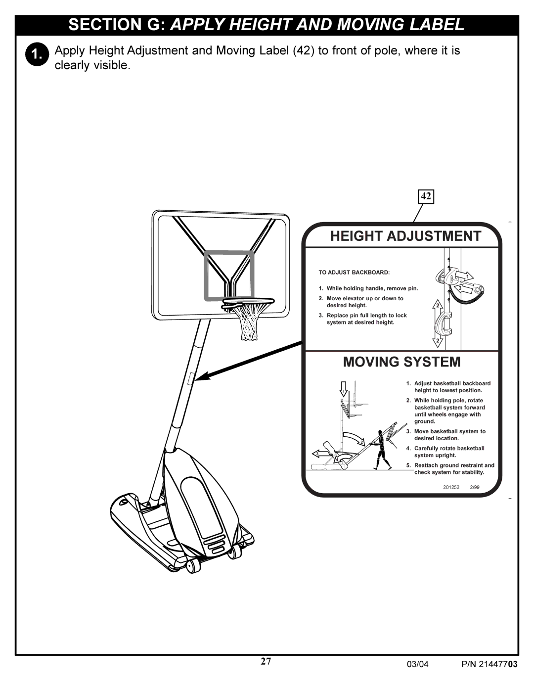 Huffy 7900 manual Section G Apply Height and Moving Label, Height Adjustment 