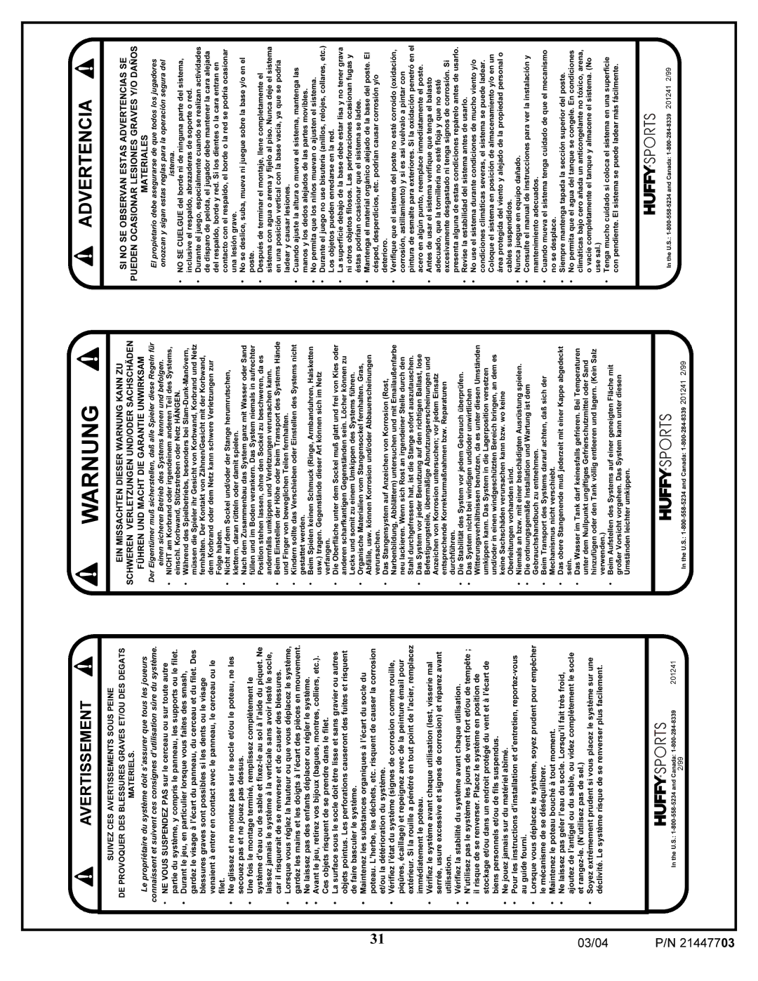 Huffy 7900 manual Warnung 