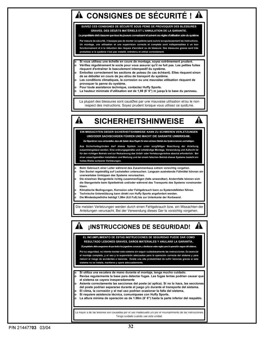 Huffy 7900 manual Consignes DE Sécurité 