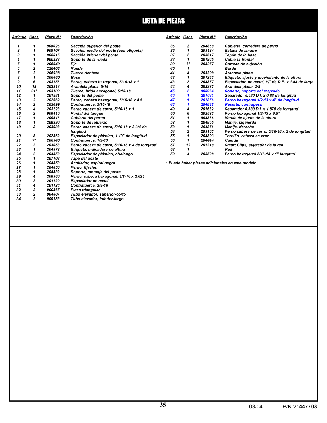 Huffy 7900 manual Lista DE Piezas 