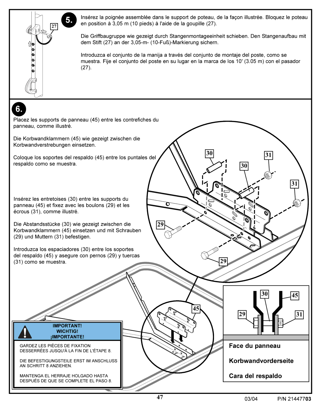 Huffy 7900 manual Face du panneau Korbwandvorderseite Cara del respaldo 