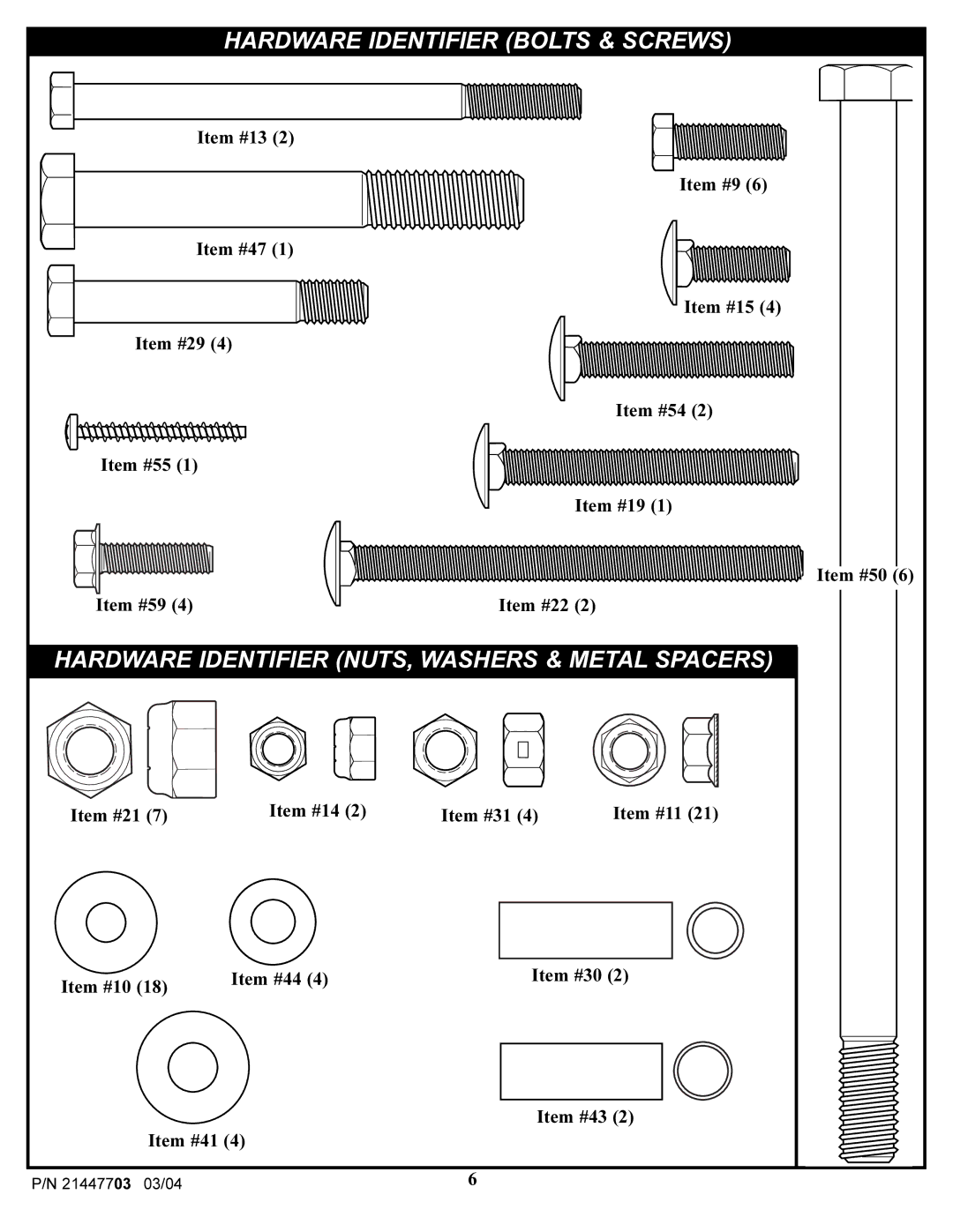 Huffy 7900 manual Hardware Identifier Bolts & Screws 