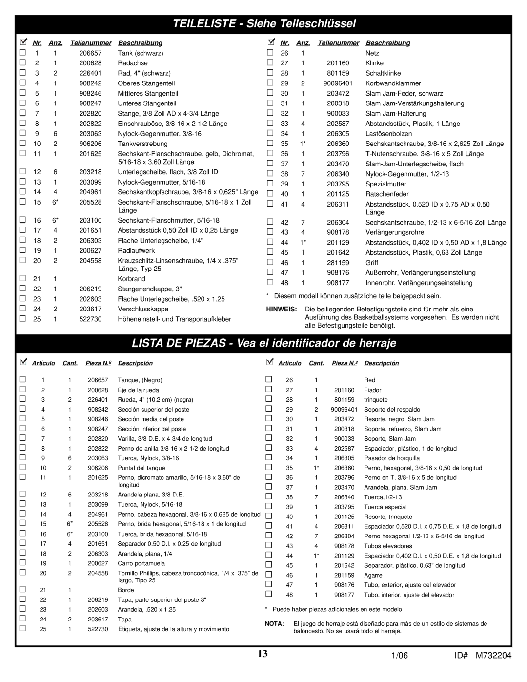 Huffy 8 manual Teileliste Siehe Teileschlüssel 