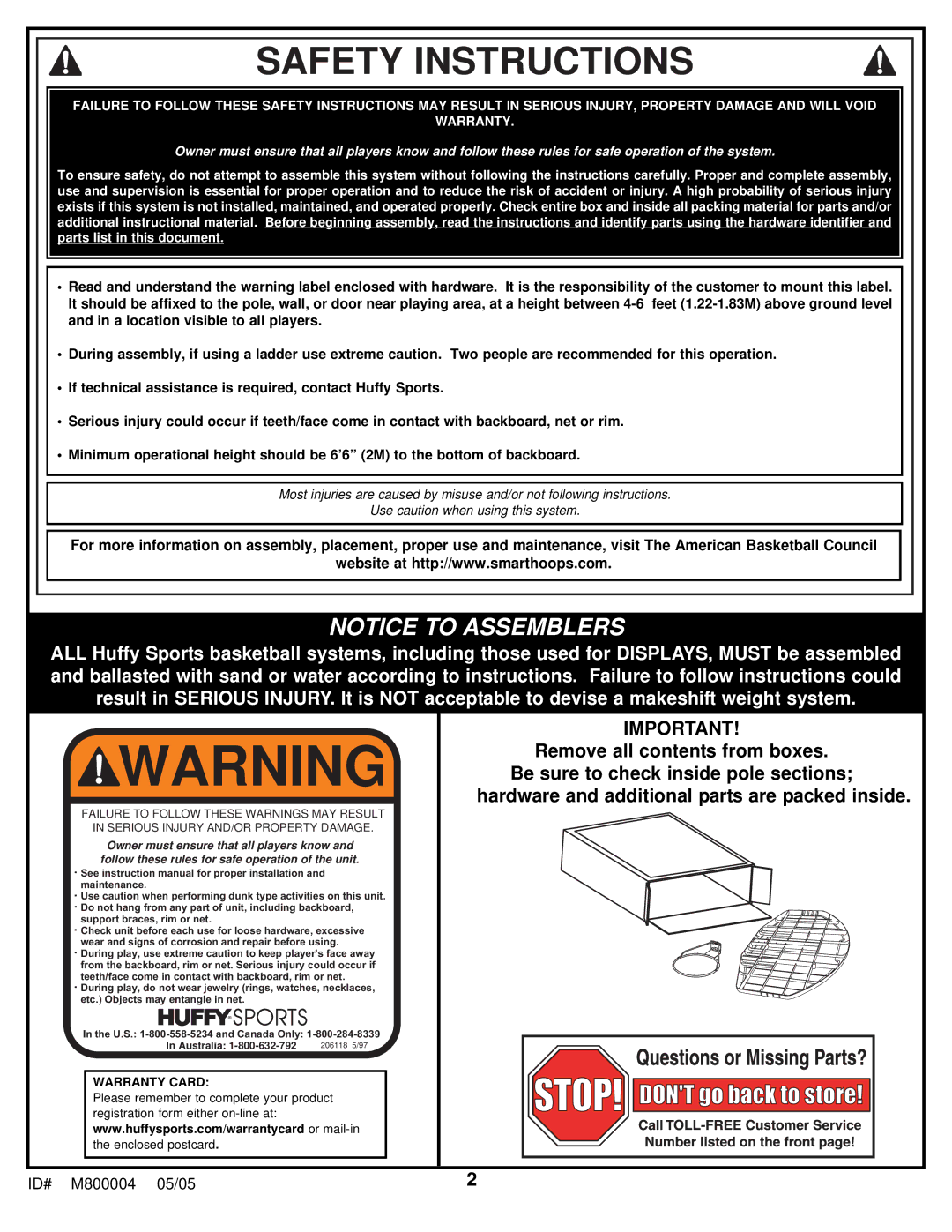 Huffy 8000 manual Safety Instructions, Warranty Card 