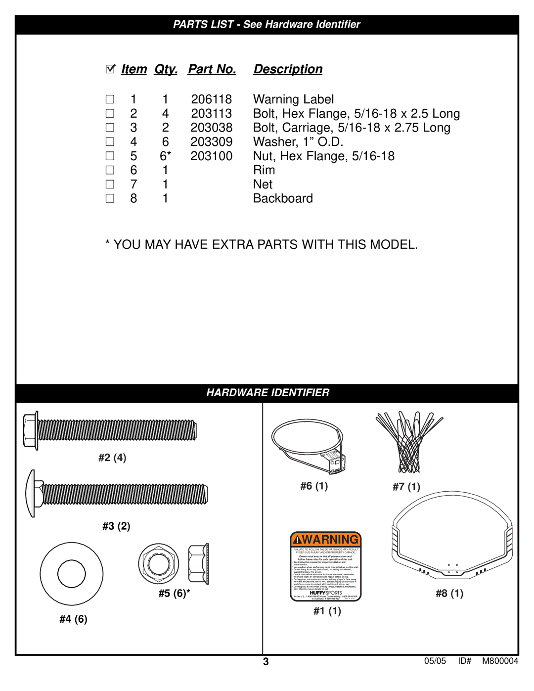 Huffy 8000 manual Qty Description 